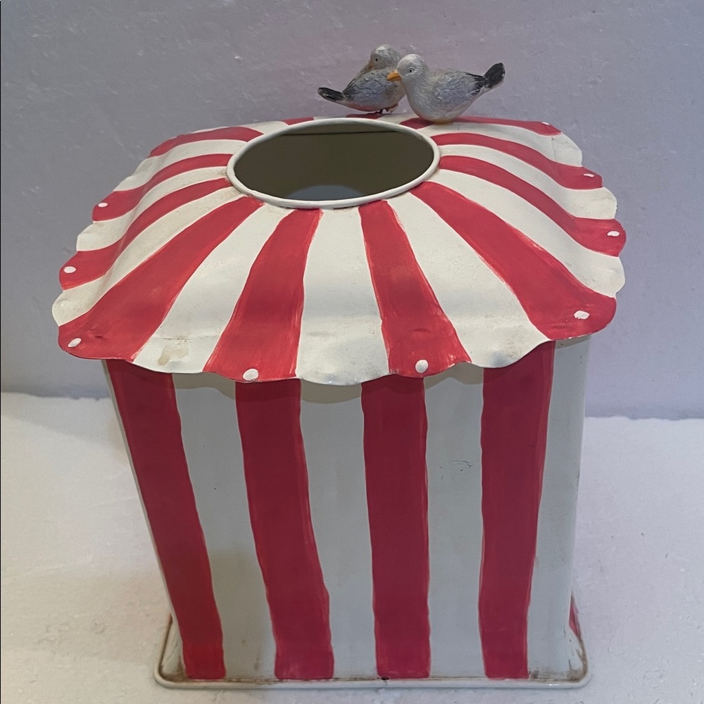 Vintage Laura Ashley Hand painted Seaside tissue box birds Red Striped metal Tin - Picture 6 of 11